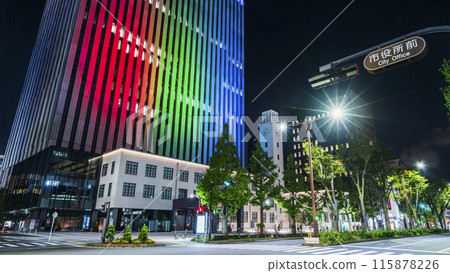Kawasaki city night view: Illuminated Kawasaki City Hall New Main Building, City Hall Street [Kanagawa Prefecture] 115878226