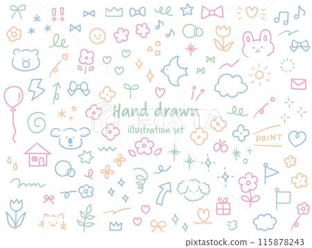 向量插圖集可愛的手繪裝飾插圖-手寫鳥、熊、花、心、絲帶、兔子 115878243