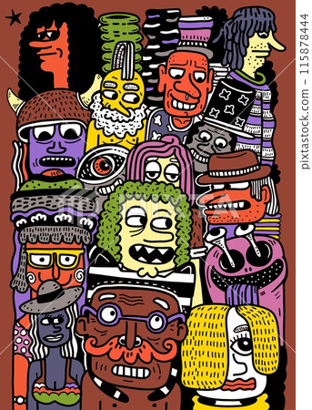 Colorful Abstract Doodle Characters on Brown Colorful Abstract Doodle Characters on Brown 115878444