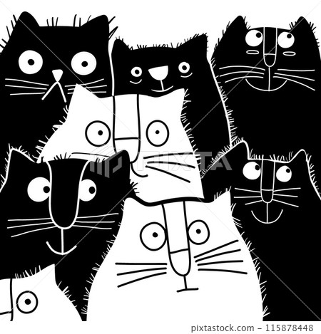 Black and White Cartoon Cats with Expressions 115878448