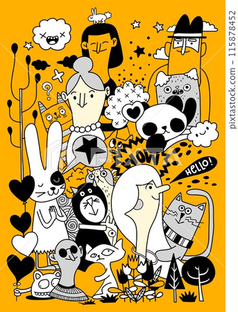 Colorful Whimsical Doodle Characters on Yellow 115878452