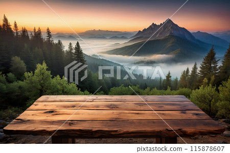 empty wooden table on a background of mountains and sunset empty wooden table on a background of mountains and sunset 115878607