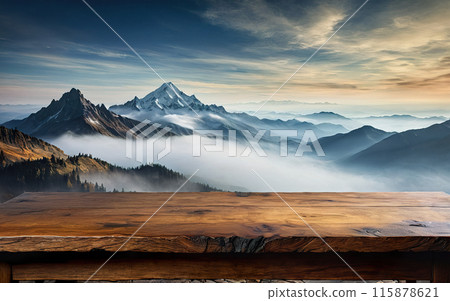 rocks in the fog and empty wooden table close-up, mockup 115878621