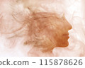An ephemeral profile portrait silhouette of a woman in a double exposure 115878626
