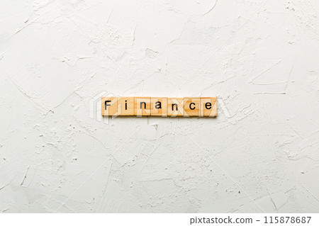 FINANCE word written on wood block. FINANCE text on cement table for your desing, concept 115878687