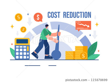 Cost Reduction Vector Illustration depicting Decrease, Price Minimization, or Falling Profit Rates in Business, in a Flat Style Cartoon Background Cost Reduction Vector Illustration depicting Decrease, Price Minimization, or Falling Profit Rates in Business, in a Flat Style Cartoon Background 115878699
