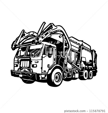 Garbage Truck - Waste Collector - garbage truck and garbage collector with garbage can, garbage collection concept line art vector illustration 115878791