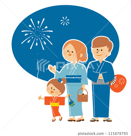 Japanese summer festival fireworks display illustration of a family standing smiling wearing yukata 115878793