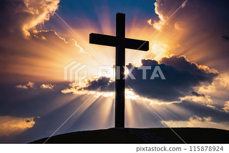 Jesus Christ cross, Christian cross on a background of dramatic sky 115878924