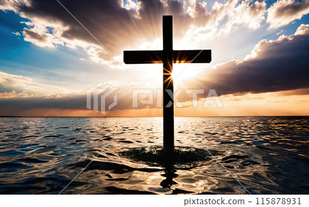 Jesus Christ cross, Christian cross on a background of dramatic sky 115878931