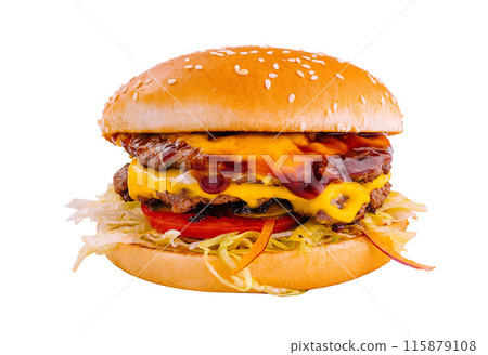 Juicy double cheeseburger on white background 115879108