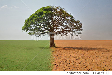 concept drought, climate change. tree before and after drought. ecology, environment, environmental protection 115879313