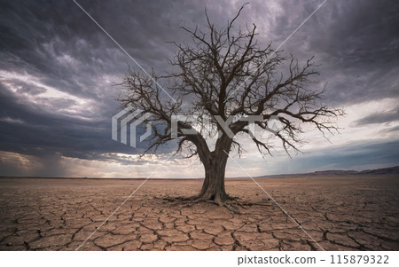 concept drought, climate change. dry tree in the desert. ecology, environment, environmental protection concept drought, climate change. dry tree in the desert. ecology, environment, environmental protection 115879322