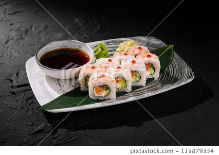 Fresh sushi platter with soy sauce 115879334