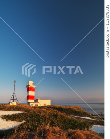 Soya Misaki Park in early spring: Soya Misaki Lighthouse bathed in the morning sun Soya Misaki Park in early spring: Soya Misaki Lighthouse bathed in the morning sun 115879335