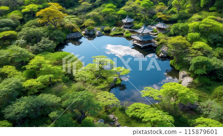 Aerial view of a Japanese garden with a pond and lush greenery 115879601