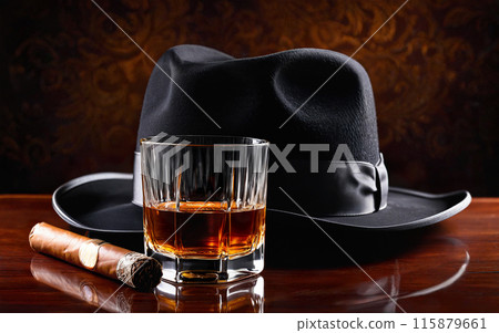 glass of whiskey, cigar and black hat glass of whiskey, cigar and black hat 115879661