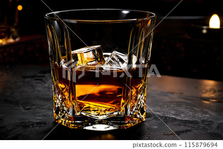 glass of whiskey with ice cubes close-up 115879694