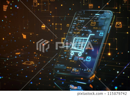 Cart and cyber retail. Internet shop and digital basket. Mobile smartphone for e-business. Computer business technology 115879742