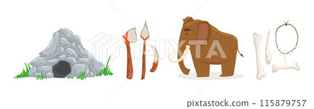Stone Age Ancient Tool and Mammoth Animal Vector Set 115879757