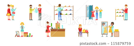 Man and Woman at Clothing Department Store Shopping Vector Set 115879759