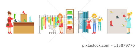 Woman at Clothing Department Store Shopping Vector Set Woman at Clothing Department Store Shopping Vector Set 115879770