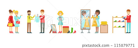 Man and Woman at Clothing Department Store Shopping Vector Set 115879771