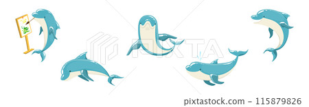 Blue Bottlenose Dolphin Performing Show Trick Vector Set 115879826