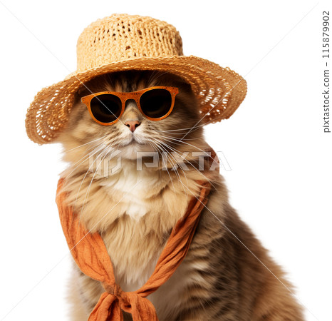 Cute cat in cool glasses and a straw hat in summer clothes with a smile on a transparent background. 115879902