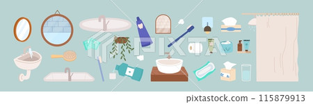 Bathroom elements. Hygiene items and furniture. Sinks mirrors douche and plant. Teeth brush, paste tube cream bottles, female pads and paper vector collection Bathroom elements. Hygiene items and furniture. Sinks mirrors douche and plant. Teeth brush, paste tube cream bottles, female pads and paper vector collection 115879913
