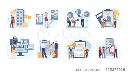 Real estate property. People buy and sale houses and apartments. Searching new home for rent. Couple think about mortgage rate, kicky vector scenes 115879926