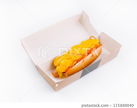 Cheesy hot dog in takeout box on white background 115880040