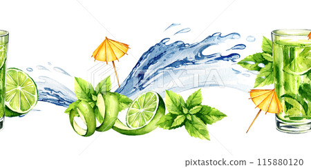 watercolor glass of mojito cocktail with fresh leaves of mint and green fruit lime, umbrella against the background of jets, splashes of water, seamless board, summer illustration of refreshing drink 115880120