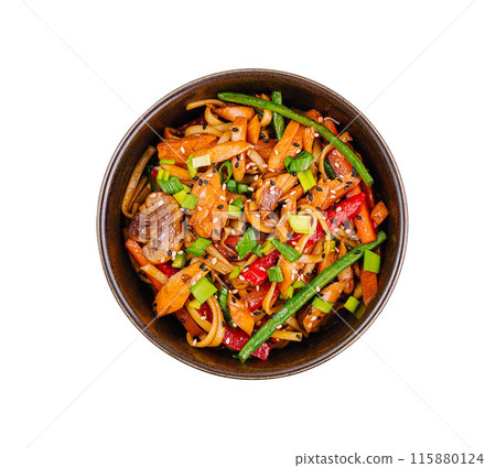 Delicious stir-fried beef and vegetable dish isolated on white Delicious stir-fried beef and vegetable dish isolated on white 115880124