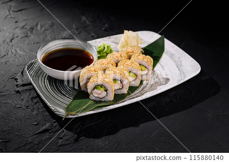California roll sushi platter with soy sauce California roll sushi platter with soy sauce 115880140