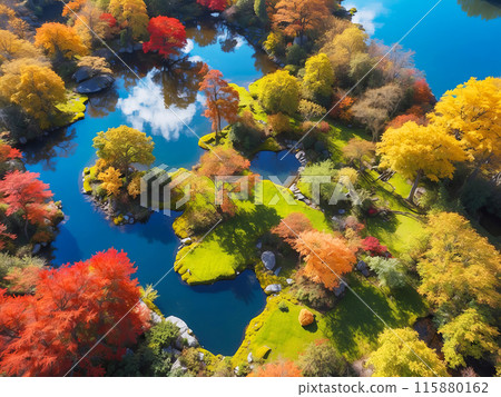 Aerial view of a Japanese garden with a pond and autumn leaves 115880162