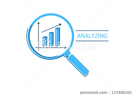 Magnifying glass and bar graph illustration - Corporate research and analysis image 115880202