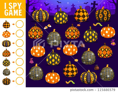 Halloween i spy game worksheet with holiday patterned pumpkins. Kids vector riddle, count how many cartoon colorful gourds on night cemetery. Children test, education task for baby counting learning Halloween i spy game worksheet with holiday patterned pumpkins. Kids vector riddle, count how many cartoon colorful gourds on night cemetery. Children test, education task for baby counting learning 115880379