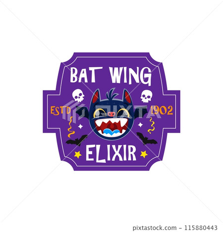 Halloween potion label with cute bat character. Helloween season celebration drink sticker, Autumn horror party brewery holiday brew beer or beverage vector label with funny bat monster personage face Halloween potion label with cute bat character. Helloween season celebration drink sticker, Autumn horror party brewery holiday brew beer or beverage vector label with funny bat monster personage face 115880443
