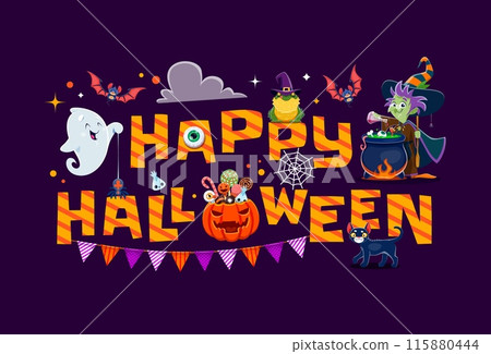 Happy Halloween banner. Cartoon witch, kawaii ghost and sweets bucket. October party or autumn holiday festive vector horizontal banner, fall season horror poster Halloween monsters cute characters Happy Halloween banner. Cartoon witch, kawaii ghost and sweets bucket. October party or autumn holiday festive vector horizontal banner, fall season horror poster Halloween monsters cute characters 115880444