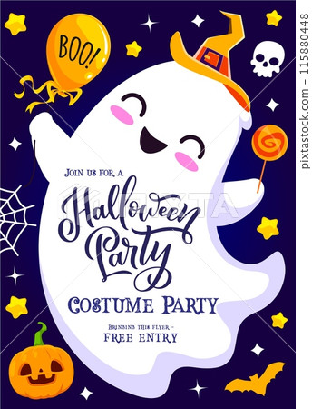 Halloween party flyer with cute kawaii ghost holding lollipop and balloon. Vector invitation poster, promotion for horror night, costume party or trick or treat entertainment for kids with free entry Halloween party flyer with cute kawaii ghost holding lollipop and balloon. Vector invitation poster, promotion for horror night, costume party or trick or treat entertainment for kids with free entry 115880448