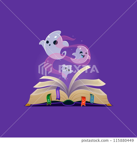 Cartoon Halloween spells book with kawaii ghosts floating over the pages with colorful bookmarks. Isolated vector grimoire with Playful enchantments await within, perfect for charmingly spooky holiday 115880449