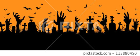 Halloween zombie hands silhouettes on cemetery. Vector creepy graveyard with emerging dead arms, flying bats and ravens sitting on tombs on orange background. Horror night holiday necropolis scene 115880450