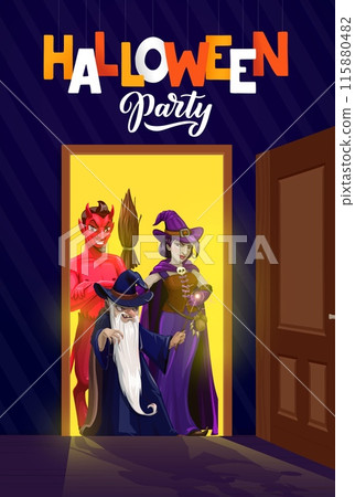 Halloween door with holiday characters, spooky wizard, witch and devil at the open doorway frame. Vector scary guest personages standing at glowing door entry, casting eerie shadows on the room floor Halloween door with holiday characters, spooky wizard, witch and devil at the open doorway frame. Vector scary guest personages standing at glowing door entry, casting eerie shadows on the room floor 115880482