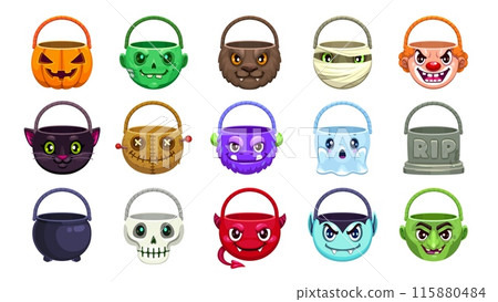 Halloween isolated sweets buckets with monster faces for holiday, cartoon vector. Halloween trick or treat party candies basket pumpkin, zombie and werewolf with mummy, devil, witch cauldron and skull 115880484