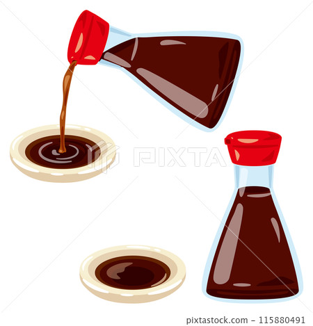 Tabletop bottle of soy sauce pouring soy sauce onto a plate Tabletop bottle of soy sauce pouring soy sauce onto a plate 115880491