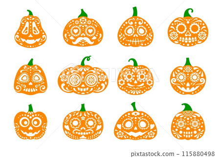 Halloween party Mexican pumpkin spooky characters. Dia de los muertos gourds with sugar skull pattern. Vector funny and spooky calaca faces, symbol of celebration rich culture and folklore of Mexico Halloween party Mexican pumpkin spooky characters. Dia de los muertos gourds with sugar skull pattern. Vector funny and spooky calaca faces, symbol of celebration rich culture and folklore of Mexico 115880498