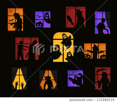 Halloween scary character silhouettes in windows. Vector haunted house facade with creepy and spooky pumpkin face, witch, bats and zombie, scarecrow, hands, ghosts, werewolf and grim reaper or death Halloween scary character silhouettes in windows. Vector haunted house facade with creepy and spooky pumpkin face, witch, bats and zombie, scarecrow, hands, ghosts, werewolf and grim reaper or death 115880519