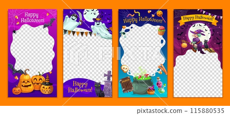Halloween social media templates with cartoon holiday characters, vector decorative frames. Spooky pumpkin, witch on broom and potion cauldron with trick or treat candies for Halloween social media 115880535