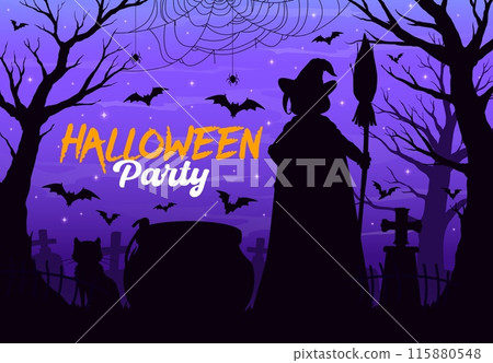 Halloween cemetery landscape with witch silhouette, broom and cauldron on dark sky vector background. Halloween horror night holiday graveyard tombstones, creepy trees, bats, spiders and cobwebs 115880548